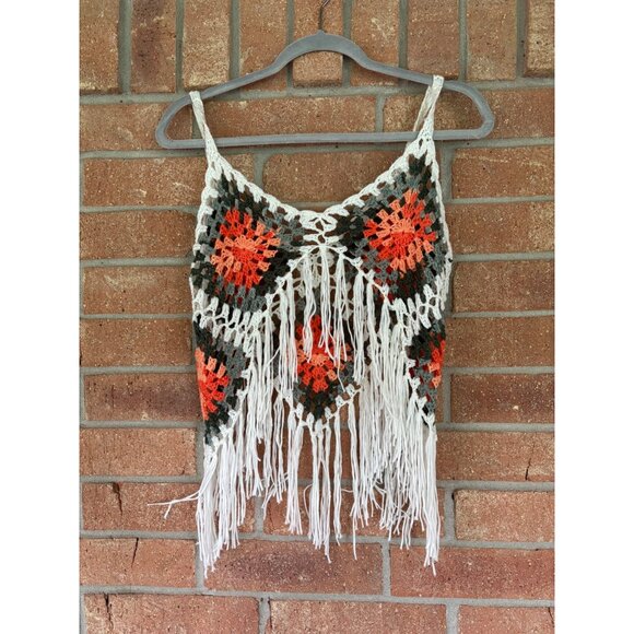 Handmade Crochet Fringe Boho Crop Top With Multicolor Diamond Pattern - Picture 2 of 8